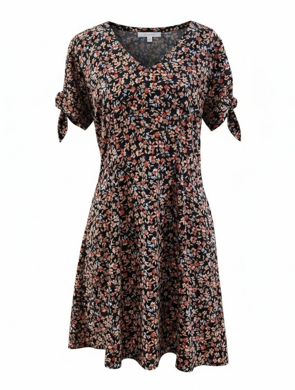 LOFT Black Floral V-Neck A-Line Mini Dress with Coral and Cream Flowers 4